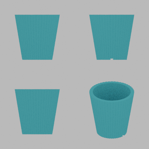 Four-view design drawing of the Flute planter showing its geometry