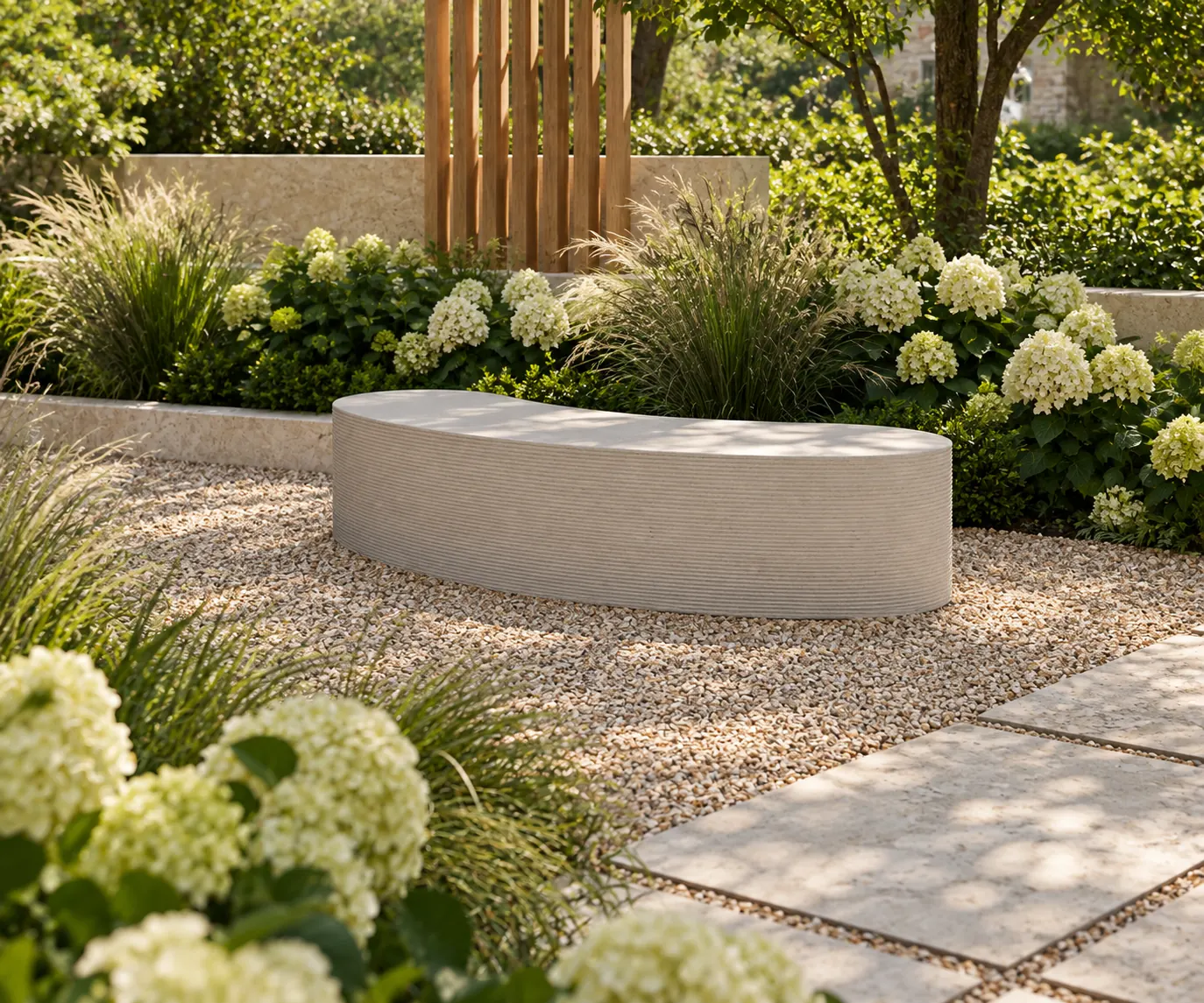 Illustration of 1Contour’s curved concrete garden bench beside planting