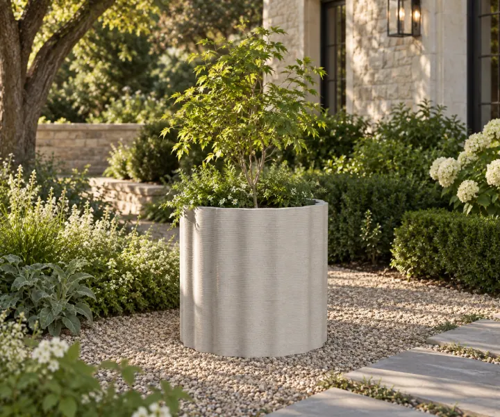 Fluted garden planter in its setting