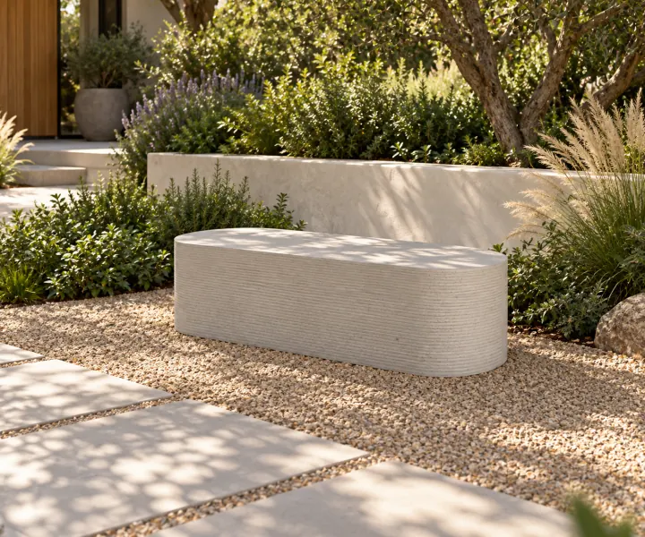 Compact garden bench in its setting