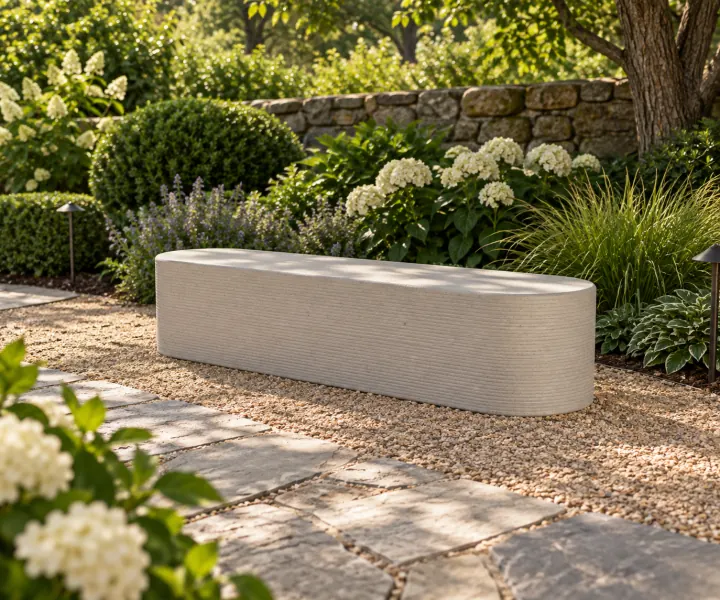 Rounded garden bench in its setting
