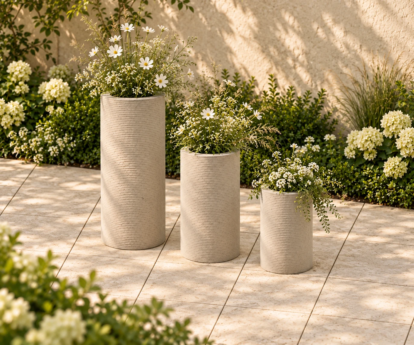 Three concrete columns illustrated with flowers