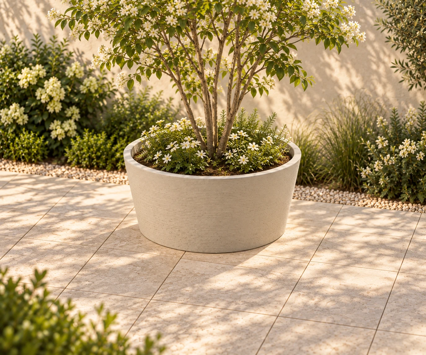 Orbit concrete basin illustrated with a small tree and planting