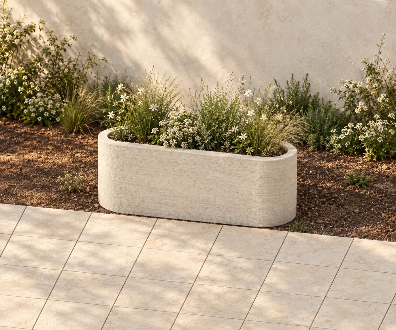 Through long concrete planter illustrated with flowers in garden soil